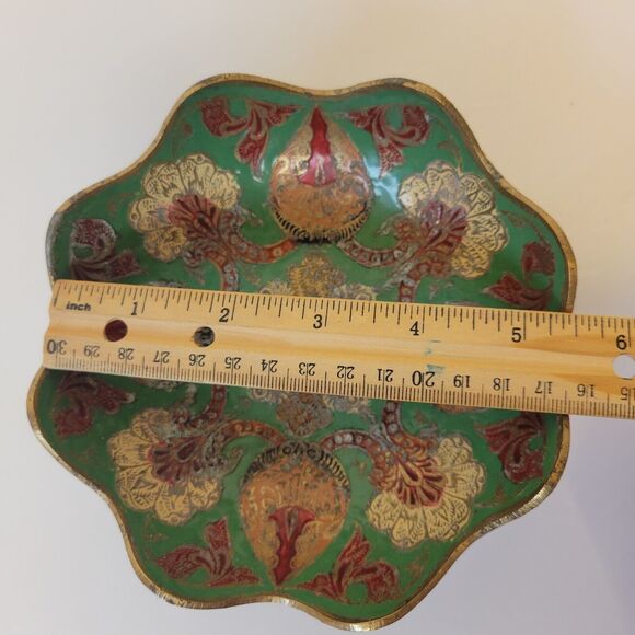 Vintage Solid Brass Hand Painted Pedestal Trinket Decorative Bowl - Picture 4 of 8